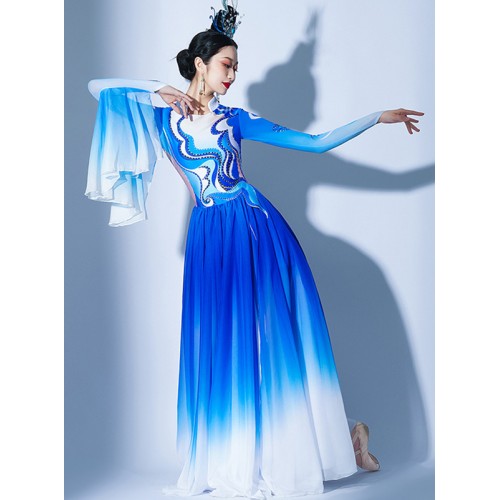 Royal blue gradient chinese folk dance dress for women girls float sleeves modern dance costumes Classical choir modern dance group dance long skirts